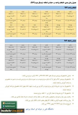 جدول زمان بندی «انتخاب واحد» و «حذف و اضافه» نیمسال دوم (972)