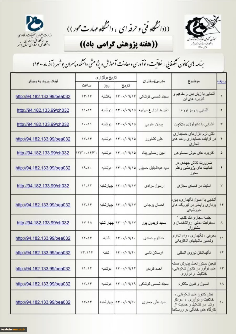 هفته پژوهش و فناوری سال 1400 - آموزشکده فنی و حرفه ای پسران بوشهر 2