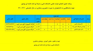 برنامه حضور مدیران/سرپرستان گروه ها در آموزشکده فنی و حرفه ای پسران بوشهر