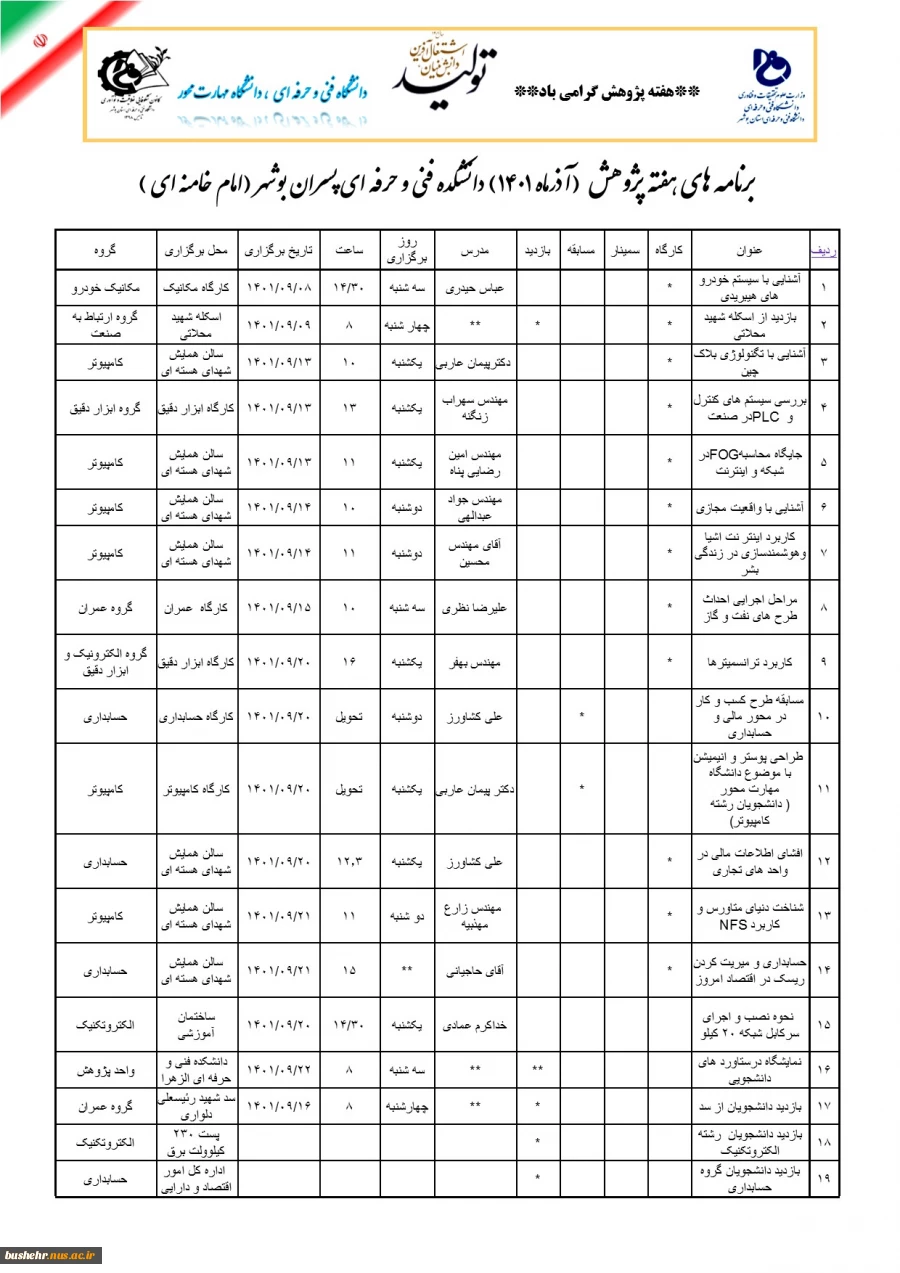 برنامه‌های هفته پژوهش در آموزشکده فنی و حرفه ای پسران بوشهر اعلام شد 2