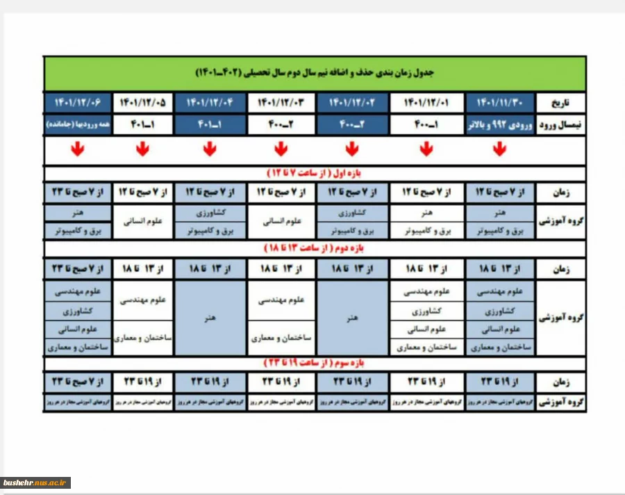 جدول زمانبندی انتخاب واحد نیمسال دوم سال تحصیلی 1402-1401 2