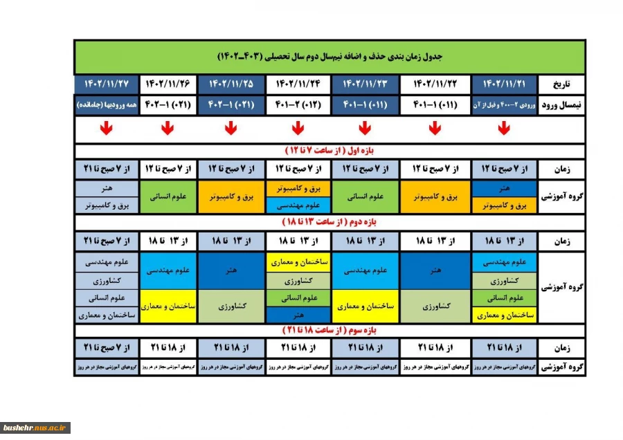 جدول زمانبندی حذف و اضافه نیمسال دوم سال تحصیلی 403-1402 2