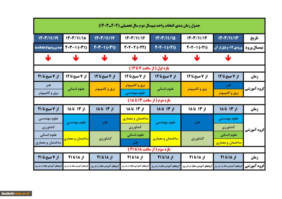 جدول زمان‌بندی انتخاب واحد نیمسال دوم 404-1403 دانشگاه ملی مهارت 2